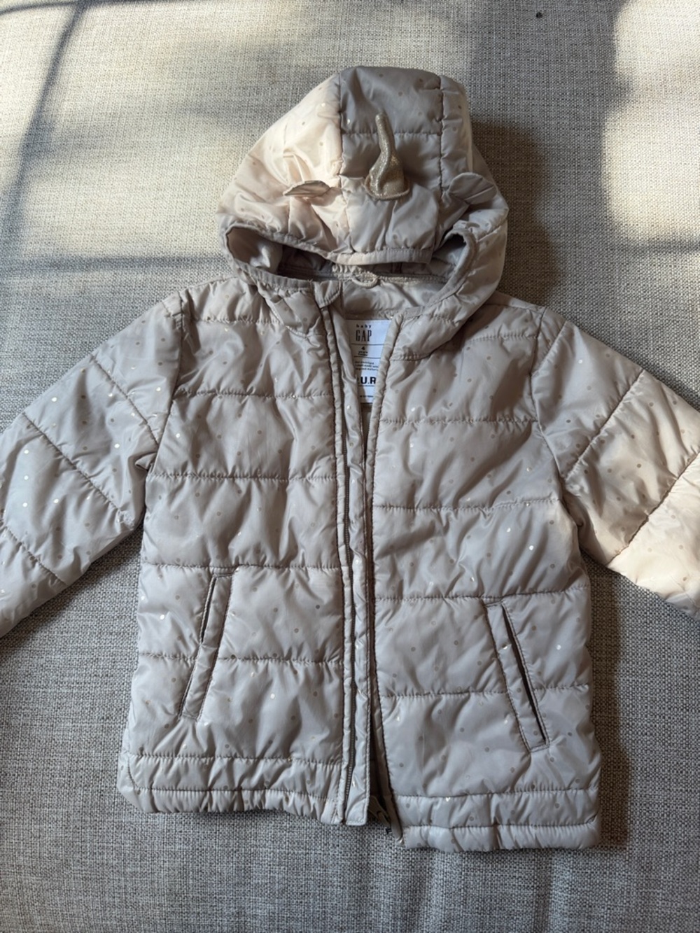 GAP Cream Hooded Quilted Puffer Jacket with Gold Dot Detail.  Unicorn hood